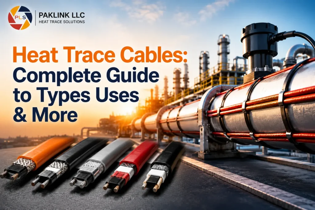 Industrial heat trace cables installed on pipeline with different heat tracing cable types displayed in front – complete guide by Paklink LLC.