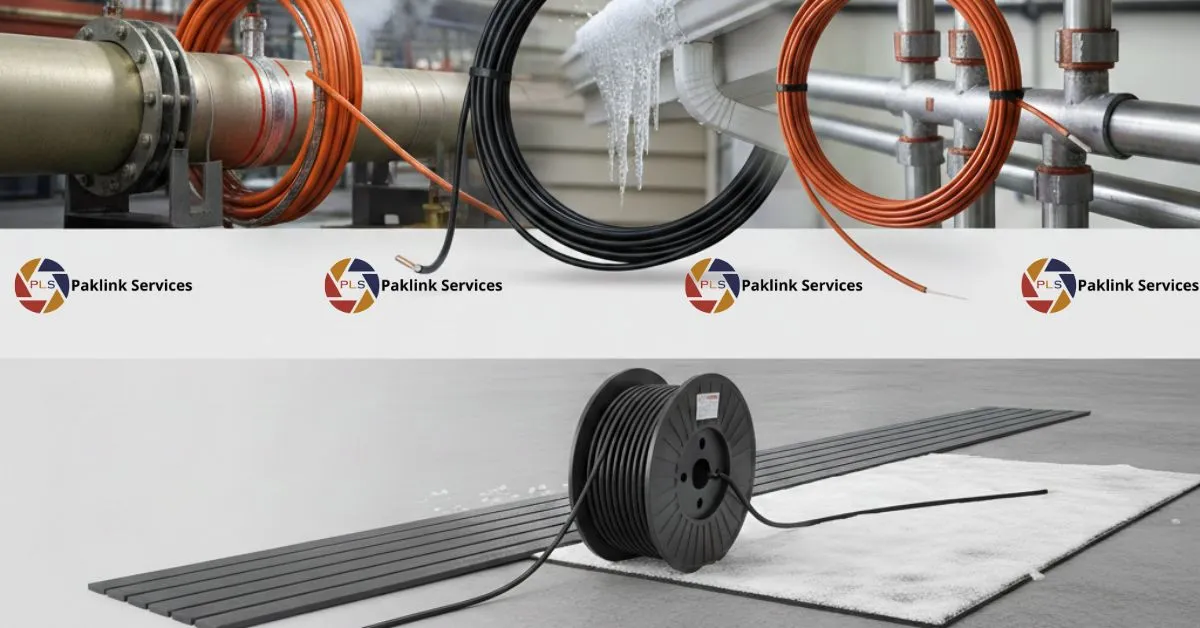 A composite image showing various types of orange and black heat trace cables wrapped around industrial pipes, gutters for ice protection, and a large cable reel with floor heating mats for snow melting.
