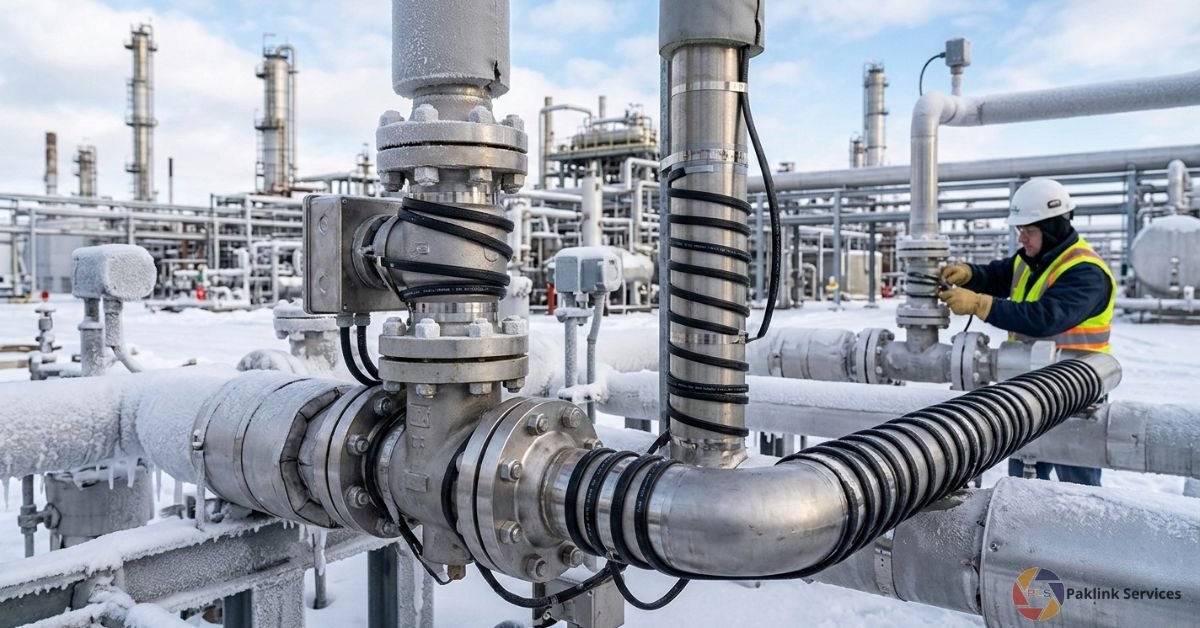 A close-up photograph of black, self-regulating heat trace cables wrapped around metallic pipes and a valve within a snow-covered industrial refinery, with a technician in PPE working in the background.