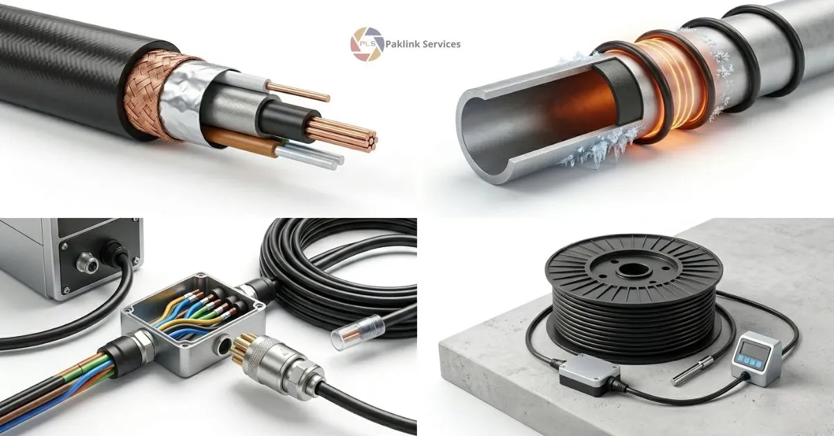 A four-panel technical illustration of heat trace technology: a cross-section of a cable showing internal wires, a cable wrapped around a pipe melting ice, a power connection box with colored wires, and a large cable spool with a digital thermostat controller.