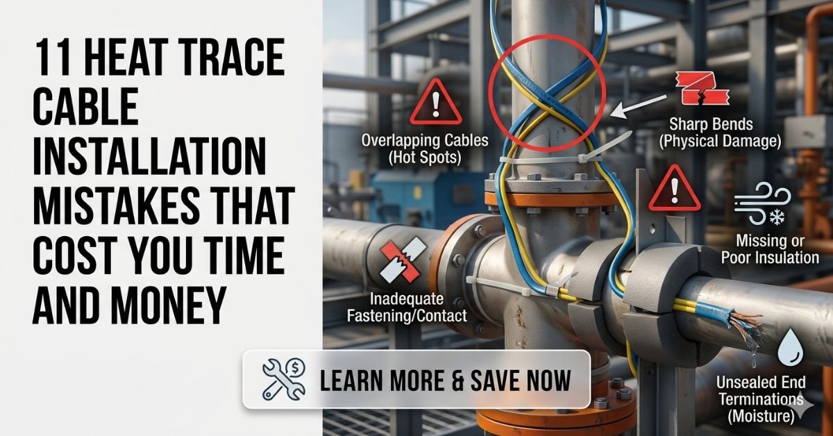 Industrial pipes with heat trace cables, highlighting common installation mistakes such as overlapping cables, sharp bends, missing insulation, unsealed end terminations, and inadequate fastening.