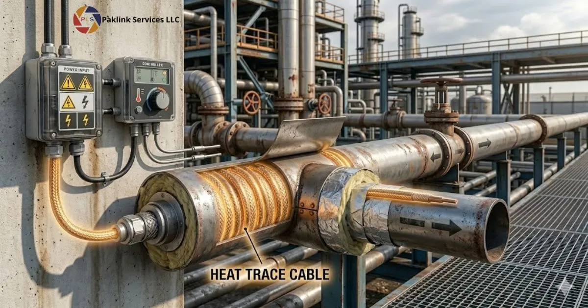 A close-up illustration of a heat trace cable installed on an industrial pipe to maintain temperature, controlled by an external unit.