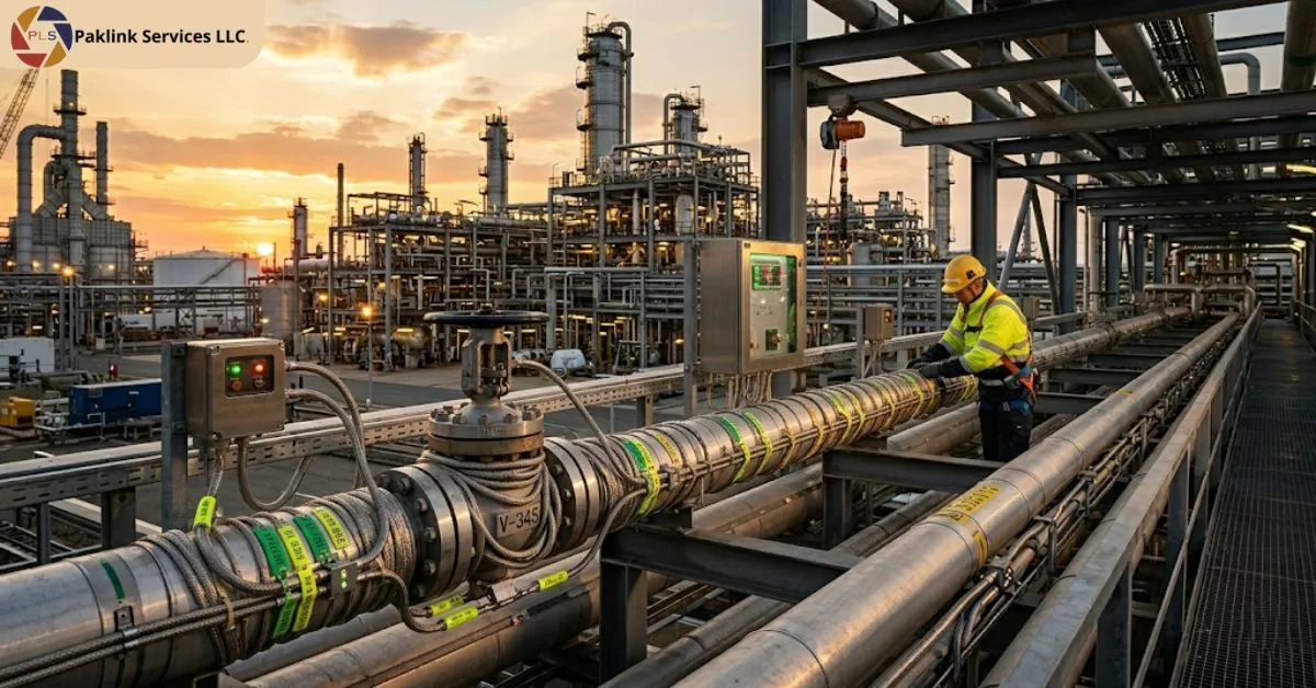 A photograph of an industrial worker in a hard hat and safety harness interacting with a digital control panel mounted on pipework at an oil refinery during sunset. In the foreground, large-diameter insulated pipes are wrapped with protective tape over installed MI (Mineral Insulated) heat trace cables. A prominent gate valve (labeled V-345) and an elaborate network of pipes and towers are visible in the background against the warm orange sky.