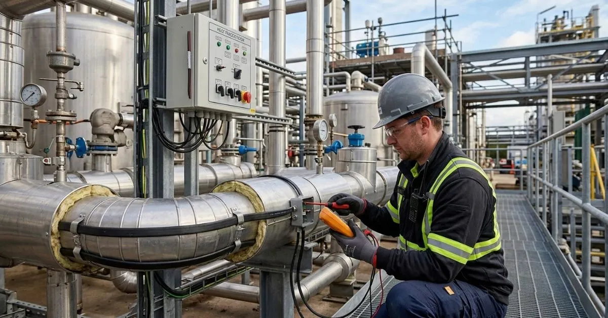 A technician in a hard hat and safety gear kneels at an industrial site, using a multimeter to test electrical connections on an insulated pipe wrapped with heat trace cabling.