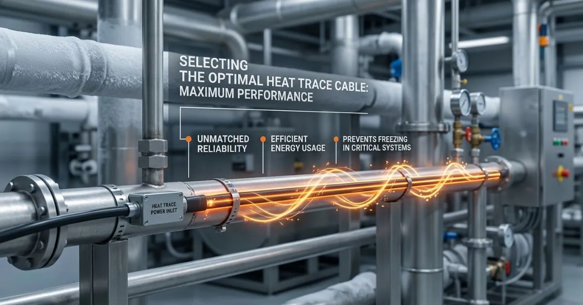 An infographic illustrating the selection of optimal heat trace cables for maximizing industrial pipe performance. A clean industrial facility has pipes with frost. A prominent yellow and orange glowing heat trace cable is wrapped around a main pipe, signifying energy. It features text overlays: "Selecting Optimal Heat Trace Cable: Maximum Performance," with bullet points "Unmatched Reliability," "Efficient Energy Usage," and "Prevents Freezing in Critical Systems."