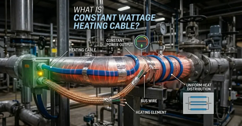A detailed technical diagram showing a blue constant wattage heating cable wrapped around an industrial metal pipe. The image includes labels for the heating element and bus wire, a power gauge indicating constant output, and a schematic circuit diagram in the corner.