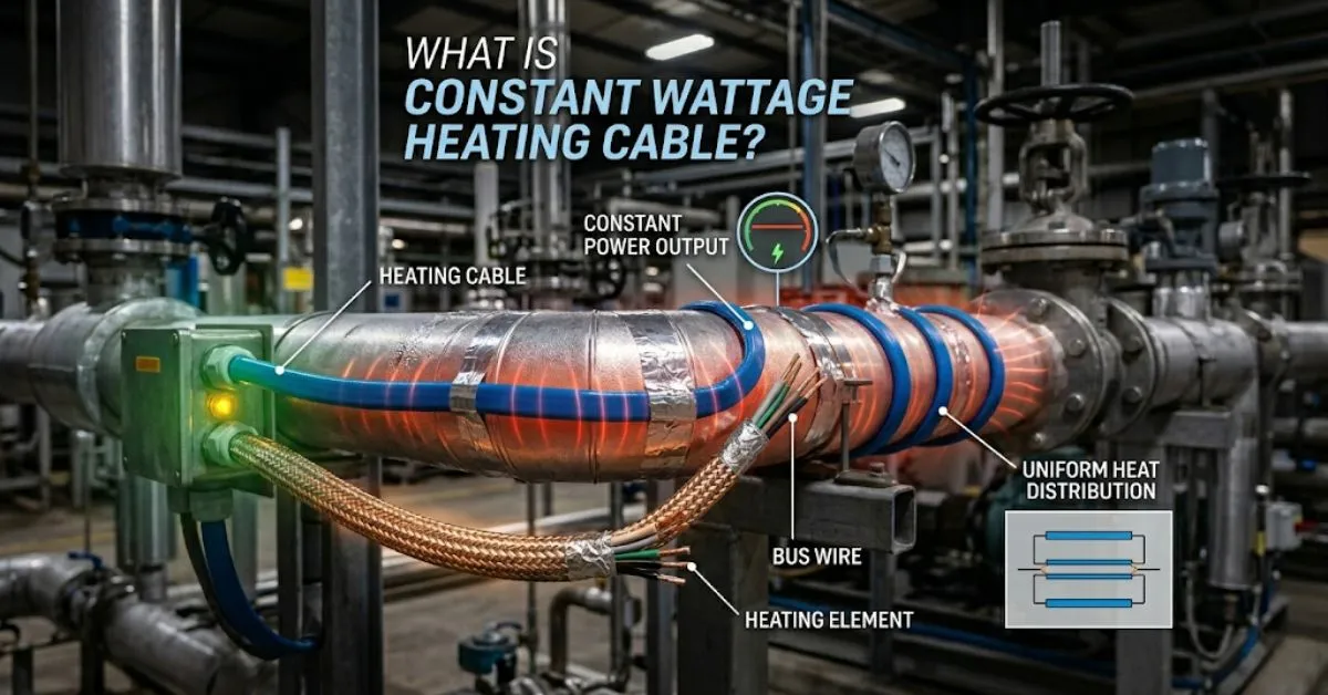 A detailed technical diagram showing a blue constant wattage heating cable wrapped around an industrial metal pipe. The image includes labels for the heating element and bus wire, a power gauge indicating constant output, and a schematic circuit diagram in the corner.