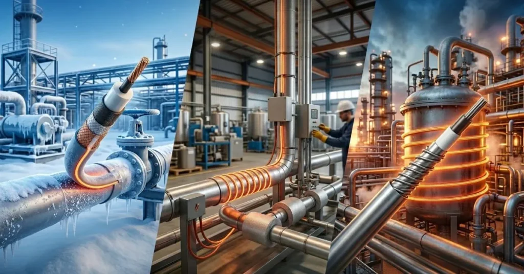 A three-panel infographic showcasing various industrial heat tracing technologies in different settings: self-regulating cables on frozen pipes, constant wattage cables on coiled factory pipes, and mineral insulated cables on a large industrial tank.