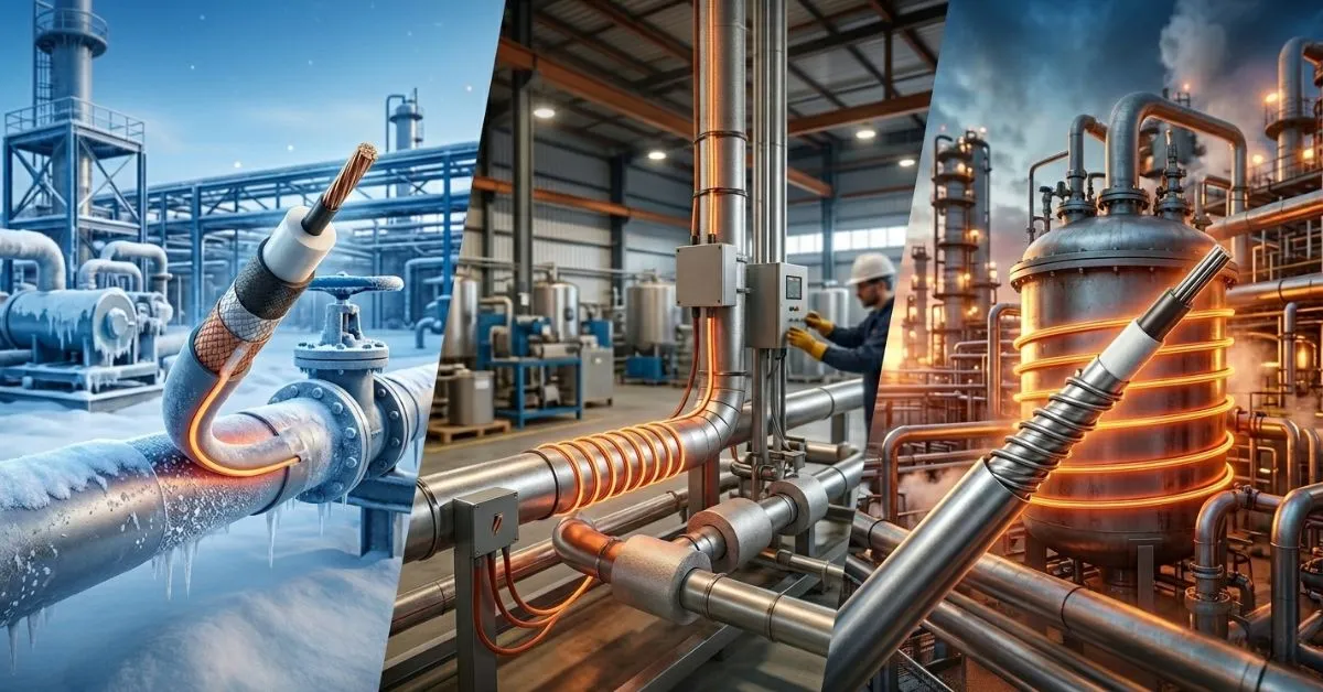 A three-panel infographic showcasing various industrial heat tracing technologies in different settings: self-regulating cables on frozen pipes, constant wattage cables on coiled factory pipes, and mineral insulated cables on a large industrial tank.