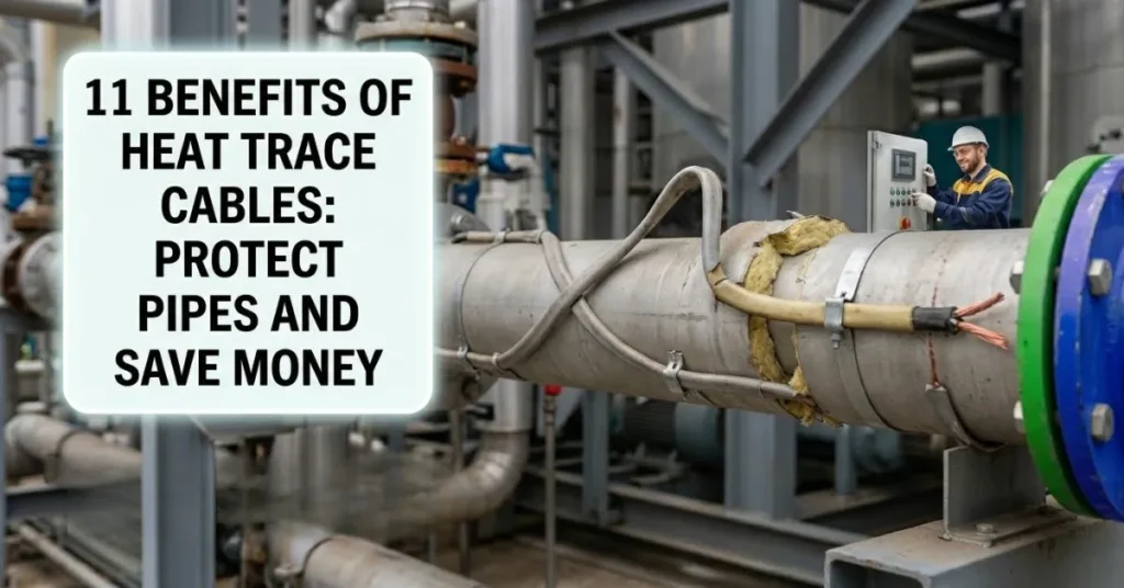 Industrial worker inspecting heat trace cables on large pipes in a factory setting, with a focus on pipe protection and energy efficiency.