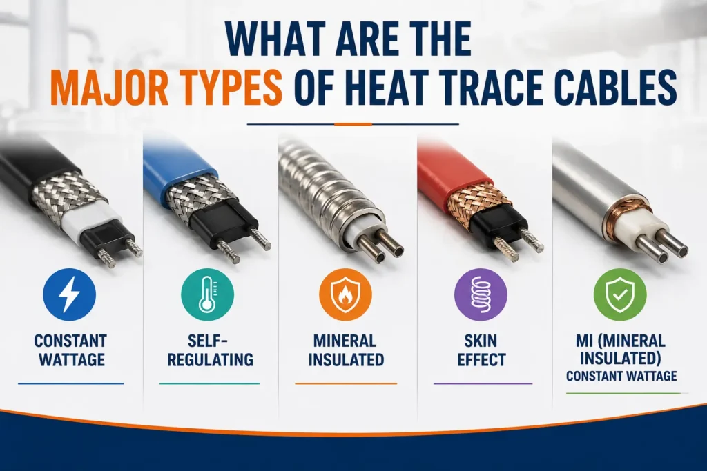 Infographic showing the major types of heat trace cables including constant wattage, self-regulating, mineral insulated (MI), skin effect, and MI constant wattage cables used for industrial pipe freeze protection and process temperature maintenance.