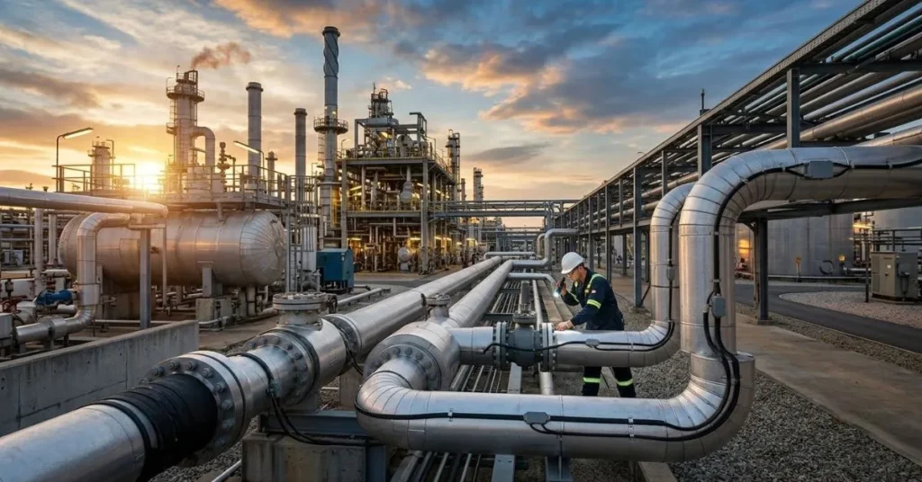 An industrial engineer wearing a hard hat and safety gear inspects heat trace cable connections on large, insulated process pipes within an oil refinery at sunset. Distillation towers, storage tanks, and a maze of elevated piping structures are visible in the background under a dramatic orange and blue sky.