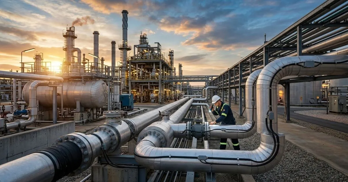 An industrial engineer wearing a hard hat and safety gear inspects heat trace cable connections on large, insulated process pipes within an oil refinery at sunset. Distillation towers, storage tanks, and a maze of elevated piping structures are visible in the background under a dramatic orange and blue sky.