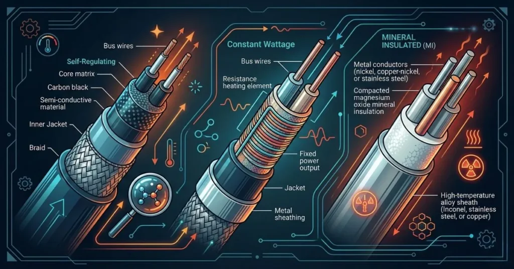 An illustrative diagram in a technical manual style, showcasing the layers and composition of self-regulating, constant wattage, and mineral insulated heat trace cables.