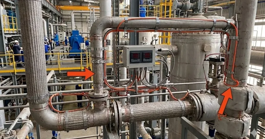 A close-up view inside an industrial plant showing stainless steel pipes, flange connections, braided flexible hoses, and a digital temperature controller unit with orange heat trace cables, highlighting complex manufacturing operations and equipment monitoring.